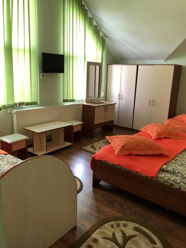 a bedroom with two beds and a table and a tv at Pensiunea Catering Bio Concept SRL in Mărăcineni