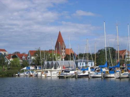 a bunch of boats docked in a marina with a building at FEWO 16, Herrenhaus Blengow, Lindenallee 21 in Rerik