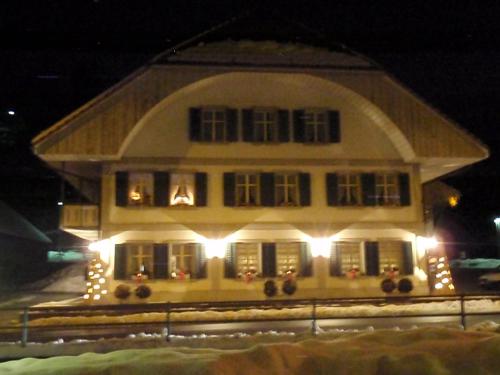 a large house with christmas lights in front of it at Gasthof Löwen in Melchnau