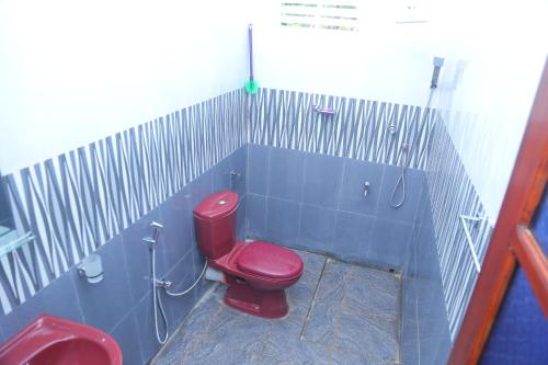 a bathroom with a red toilet in a blue wall at Villa Sidu in Induruwa