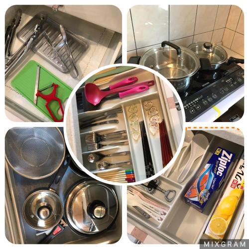 a collage of photos of a refrigerator with utensils at ペンション アネラニハウス沖縄 in Onna