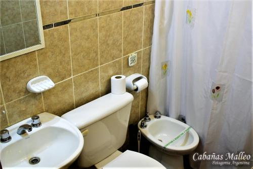 a bathroom with a white toilet and a sink at Cabañas Malleo in Junín de los Andes
