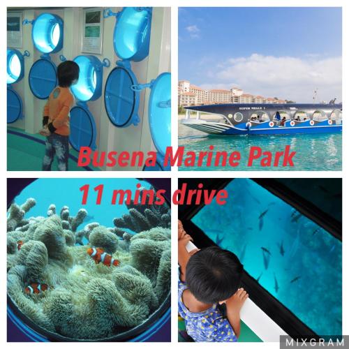 a collage of photos with a child looking at fish in an aquarium at ペンション アネラニハウス沖縄 in Onna