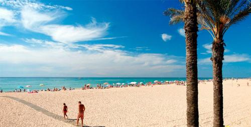 eine Gruppe von Menschen am Strand mit einer Palme in der Unterkunft Day Ok Beach Apartment in Malgrat de Mar