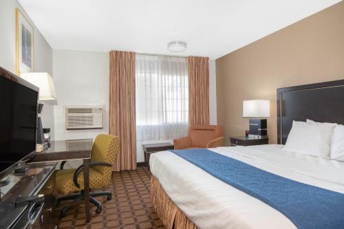 a hotel room with a bed and a desk at Baymont by Wyndham Roseburg in Roseburg