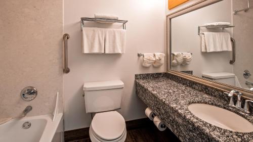 a bathroom with a toilet and a sink and a mirror at Best Western Valdez Harbor Inn in Valdez