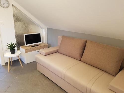 ein Wohnzimmer mit einem Sofa und einem TV in der Unterkunft 4 seasons apartment Radovljica in Radovljica