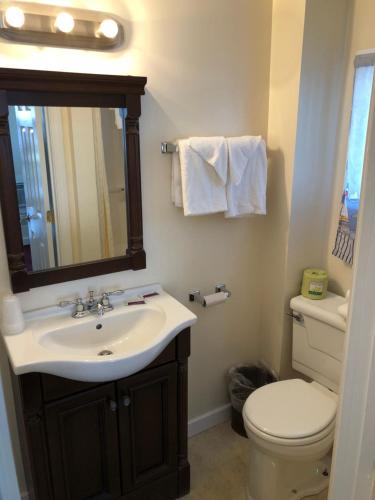a bathroom with a sink and a toilet and a mirror at Alouette Beach Resort Economy Rooms in Old Orchard Beach