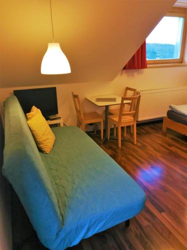 a bedroom with a bed and a table with a desk at Březník Kilián in Kvilda
