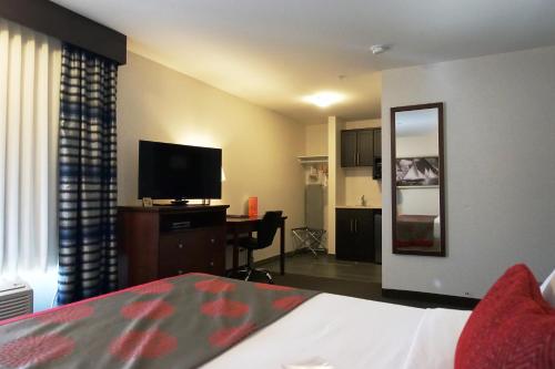 a hotel room with a bed and a television at Ramada by Wyndham Moose Jaw in Moose Jaw