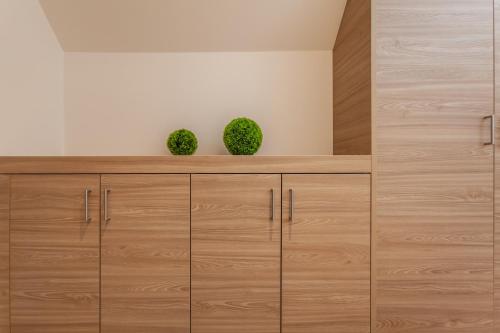 a room with wooden cabinets and two green plants at Hotelmyhome in Hornberg