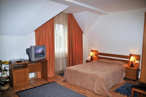 una habitación de hotel con una cama y un televisor en TES Royal Plaza Apartments, en Borovets