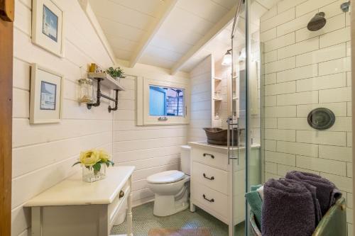 a bathroom with a toilet and a shower at Redwood Hollow Cottages in San Diego