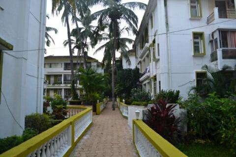 a walkway between buildings with palm trees and a building at BEAUTIFUL SPACIOUS STUDIO APT IN CANDOLIM with Wifi in Candolim