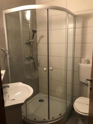 a bathroom with a shower and a toilet and a sink at Casa Mario in Baile Felix