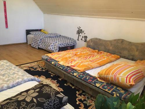 Pokój z 3 łóżkami siedzącymi na dywanie w obiekcie Lady Margit's Room w mieście Szombathely