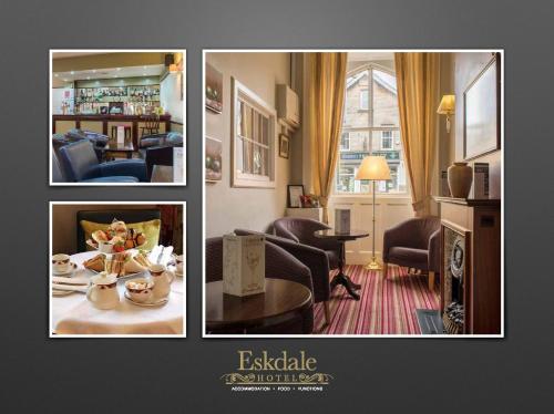 a collage of four pictures of a living room at Eskdale Hotel in Langholm