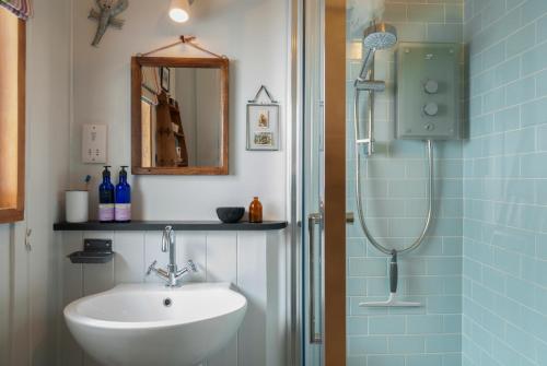 een badkamer met een wastafel en een douche bij Little Kestrel Cabin in Pennal