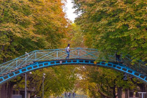 a person standing on top of a blue bridge at La Planque Hotel in Paris