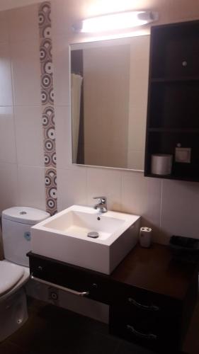 a bathroom with a sink and a toilet and a mirror at Agnanti Villas in Nafpaktos