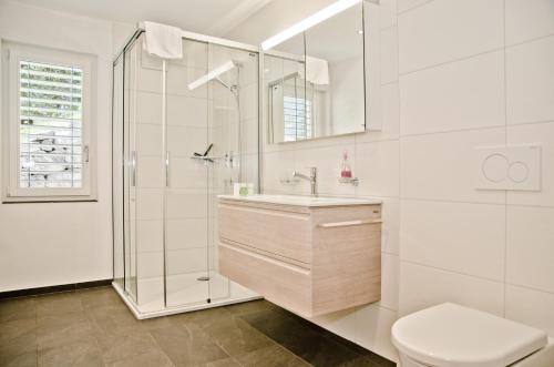 een badkamer met een douche, een wastafel en een toilet bij Chalet Eigerlicht - GRIWA RENT AG in Grindelwald