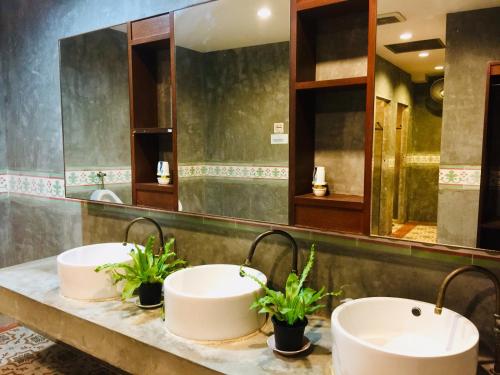 a bathroom with two sinks and two potted plants at Phuket Sunny Hostel in Phuket Town