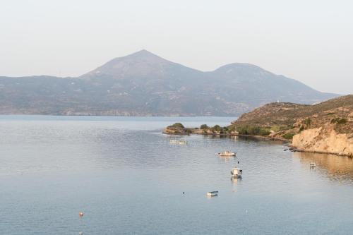 a lake with ducks in the water with mountains at Villa Notos in Adamantas