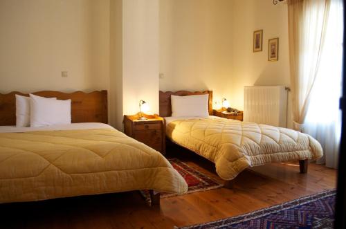 a bedroom with two beds and a window at Petrini Gonia in Livadero