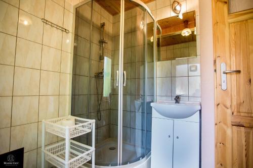 un bagno con doccia e lavandino di Cichy Zakątek a Cisna