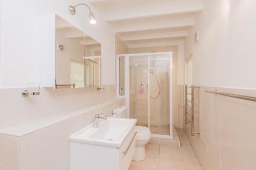 a white bathroom with a toilet and a shower at Lavender Cottage in Franschhoek