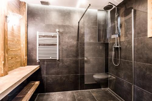 a bathroom with a shower and a toilet at TatryTop Willa Figaro 44 in Kościelisko