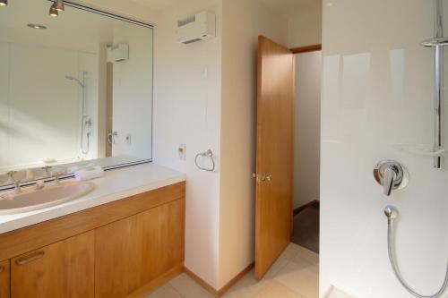 a bathroom with a sink and a shower and a mirror at Earnslaw Central Views A in Queenstown