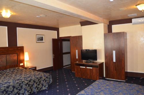 a hotel room with a bed and a flat screen tv at Hotel Petr in Karlovy Vary