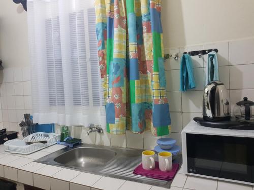 a kitchen sink with two cups on a drying rack at Wemofa Pad Self-Catering Apartment in Entebbe