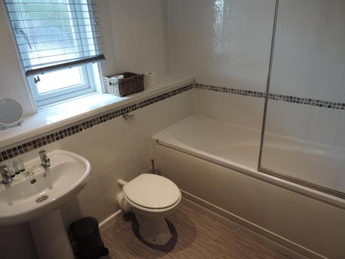 a bathroom with a toilet and a sink and a shower at 5 Bed Camberley Airport Accommodation in Camberley