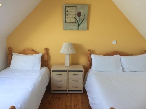 1 dormitorio con 2 camas y mesita de noche con lámpara en Lorna's Apartment Self Catering Holiday Home, en Miltown Malbay