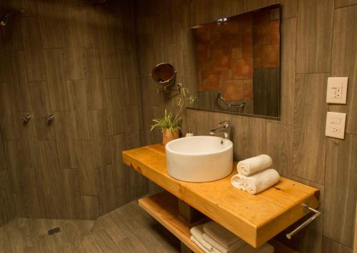 a bathroom with a sink and a mirror at Hotel Bosques del Sol Suites in San Cristóbal de Las Casas
