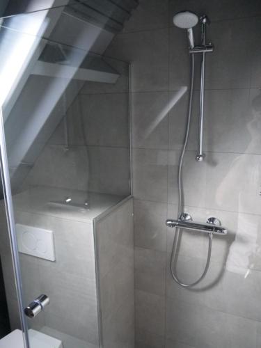 a bathroom with a shower with a glass door at Vakantiehuis Hof Molenzicht in Oostkapelle