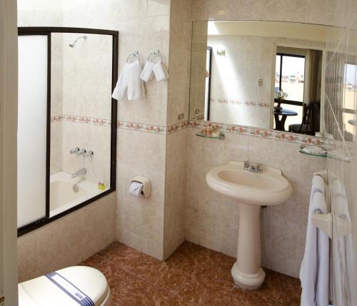 a bathroom with a sink and a shower and a toilet at DM Hoteles Arequipa in Arequipa
