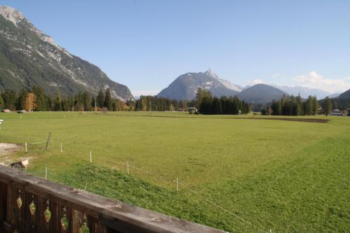 a large green field with mountains in the background at Wirtseppelerhof Apartments in Leutasch