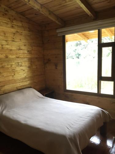 a bed in a wooden room with a window at Hermosa Cabaña en La Cocha-Finca INDIANA in El Encano