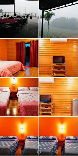 a series of four pictures of a bedroom with beds and a television at เฟรนด์แคมป์ in Khao Kho