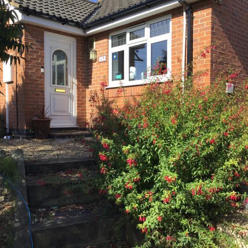 a house with a white door and a bush of flowers at Little Lodge B&B Lutterworth in Lutterworth