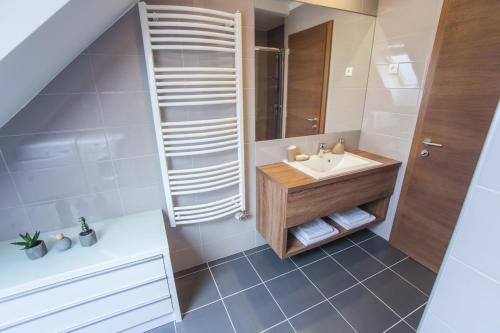 ein kleines Bad mit einem Waschbecken und einer Dusche in der Unterkunft Rubin Relax Apartman in Sárvár