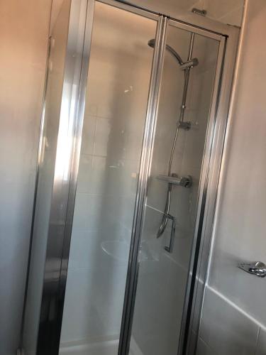 um chuveiro com uma porta de vidro na casa de banho em The Embassy Hotel em Hull