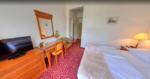 a bedroom with a bed and a television and a desk at Romania in Karlovy Vary