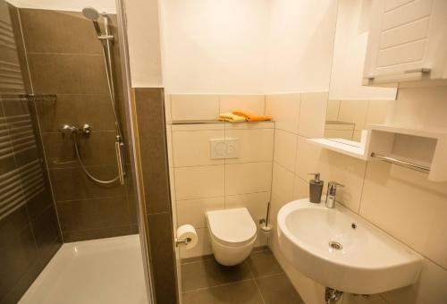 uma casa de banho com um WC, um lavatório e um chuveiro em Gästehaus Mira em Winterberg