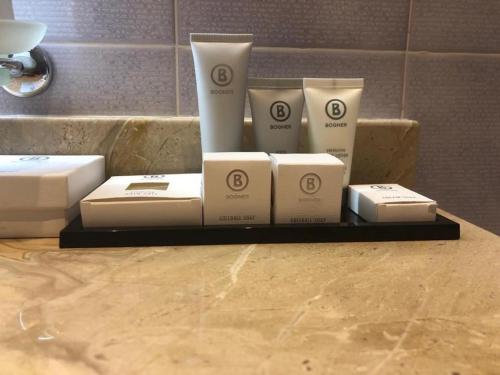 a table with someentedented products on a counter at Art 'Otel in Sofia