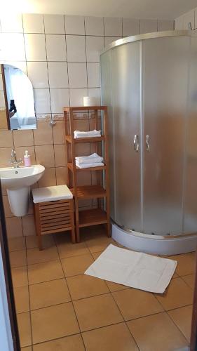 a bathroom with a shower and a sink at Pokoje gościnne Venezia in Czaplinek