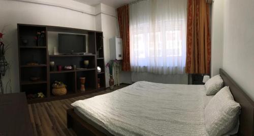 a bedroom with a white bed and a window at Lucy Accommodation in Bucharest